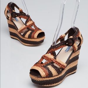 PRADA Brown Woven Leather Peep Toe Wedge Sandals